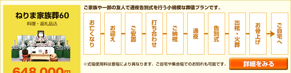 ねりま家族葬63 ご家族や一部の友人で通夜・告別式を行う小規模な葬儀プランです。